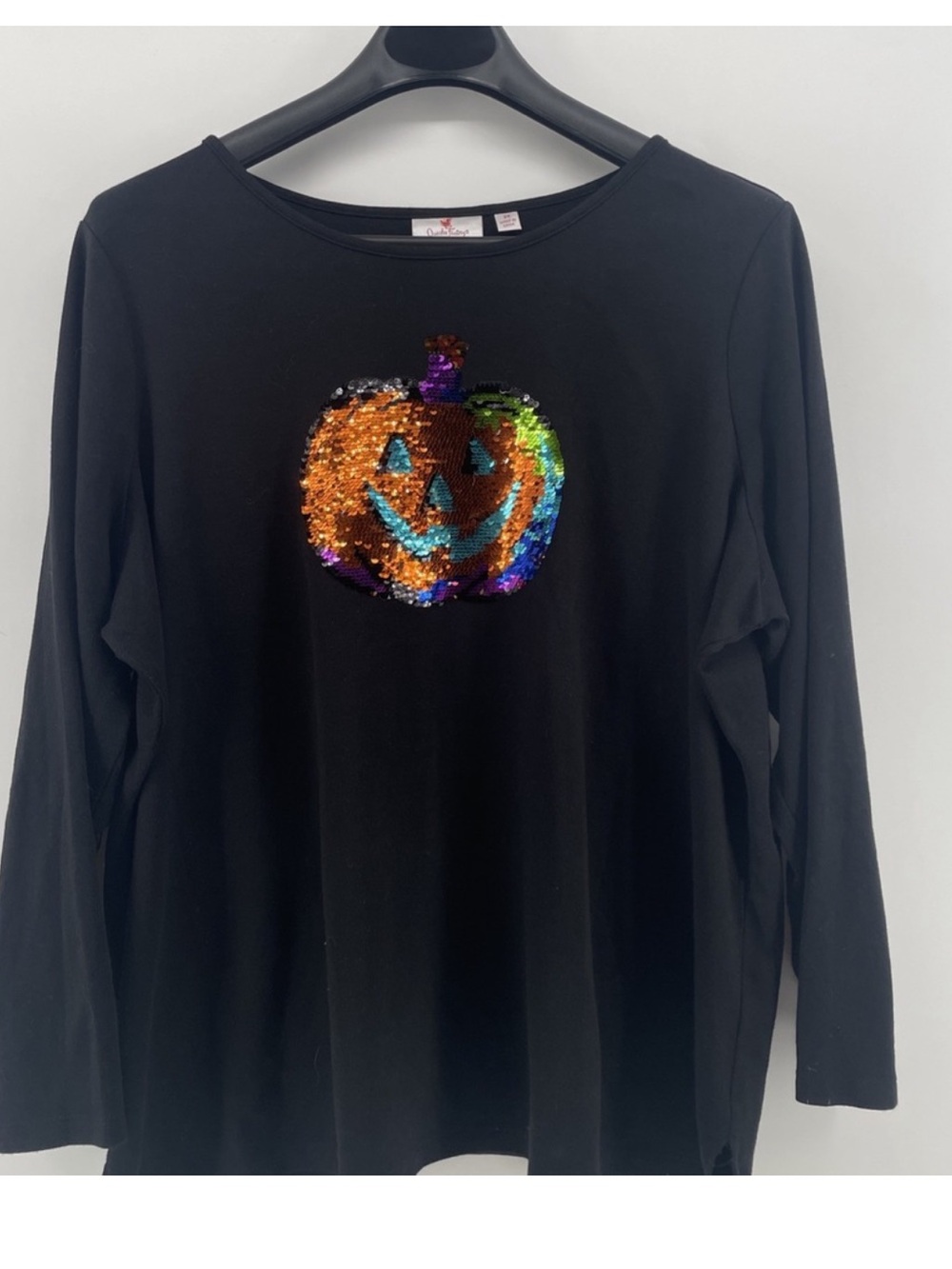 Quacker Factory Halloween Top Women's 2X Sequin‎ Jack O Lantern Pumpkin Black